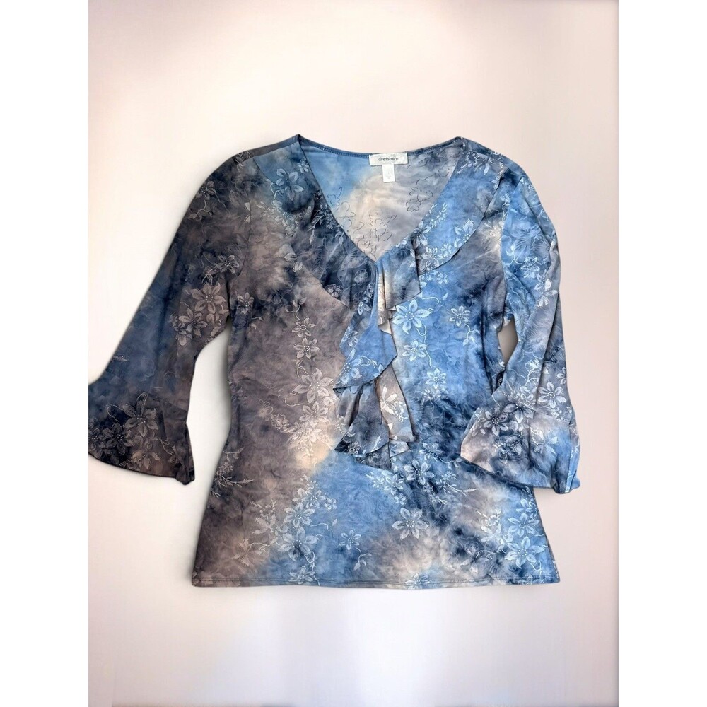Dressbarn Y2K Fairy Goth Whimsygoth Floral Ruffle Top Blue Gray Bell Sleeve L